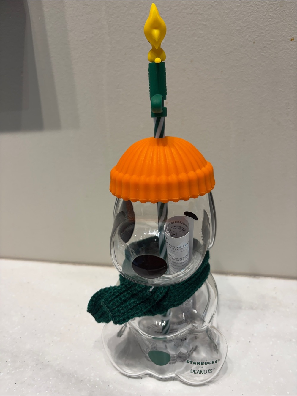Starbucks Clear Snowman Cup with Orange Hat and Green Scarf